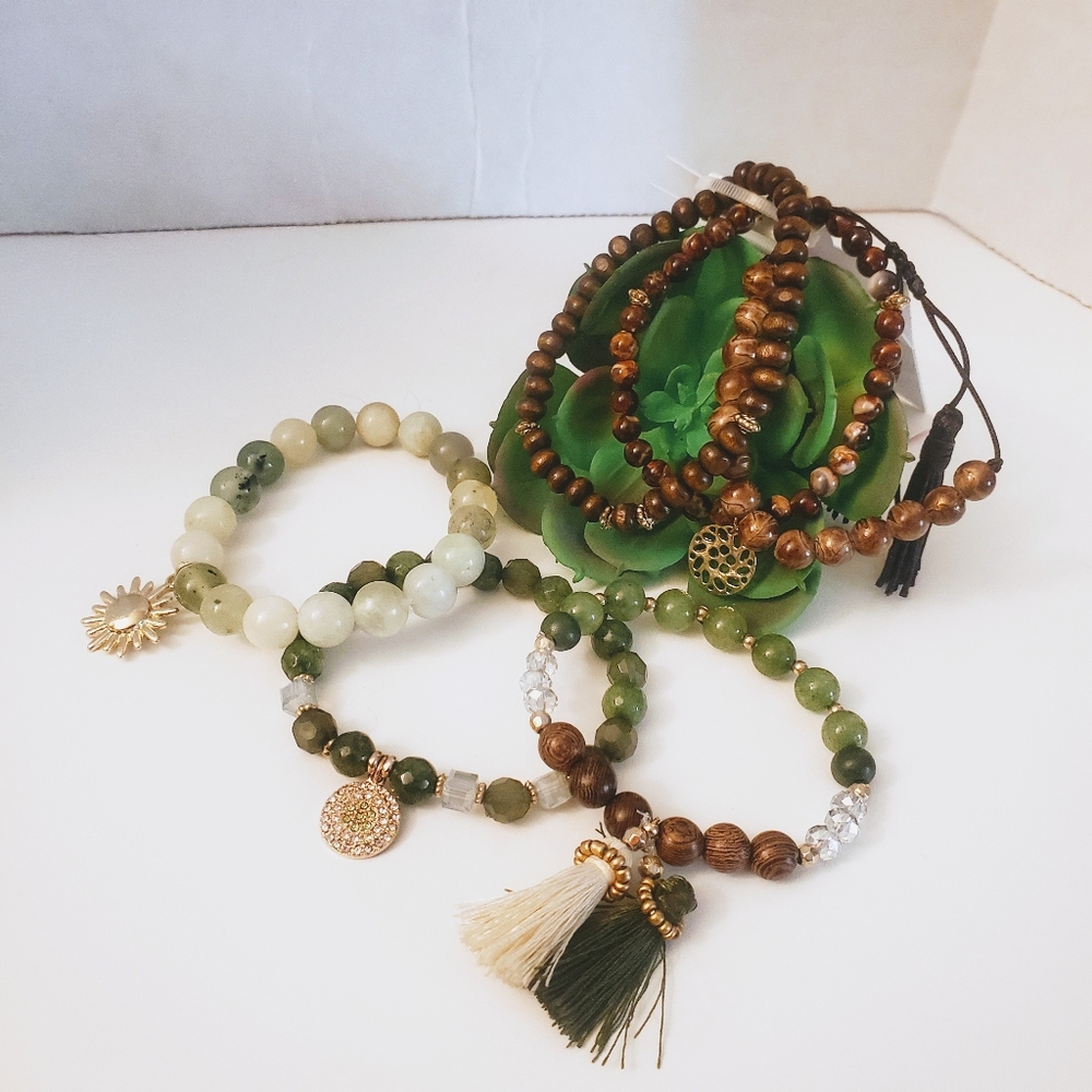 6 Bracelets green and earth tones
